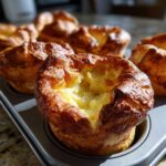 Close-up of a golden brown, perfectly risen yorkshire pudding sitting in a muffin tin.
