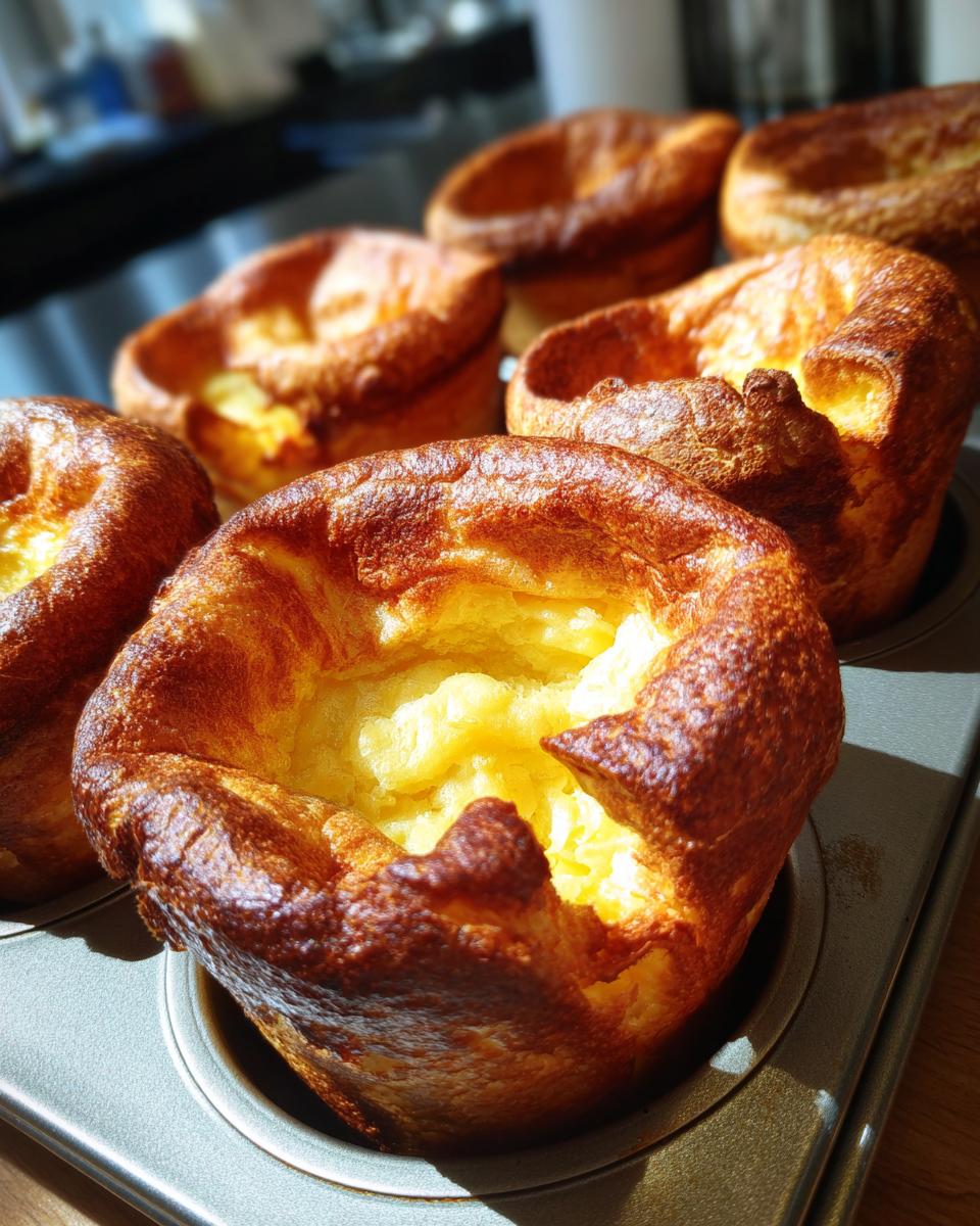 Close-up of several golden brown, perfectly risen yorkshire pudding baked in a metal muffin tin.