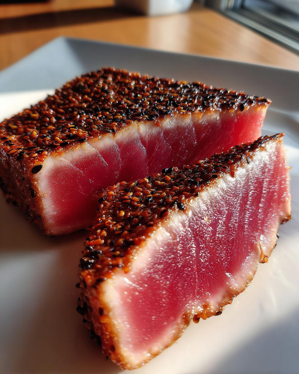 Two slices of perfectly Seared Ahi Tuna showing a dark sesame crust and bright pink rare center on a white plate.