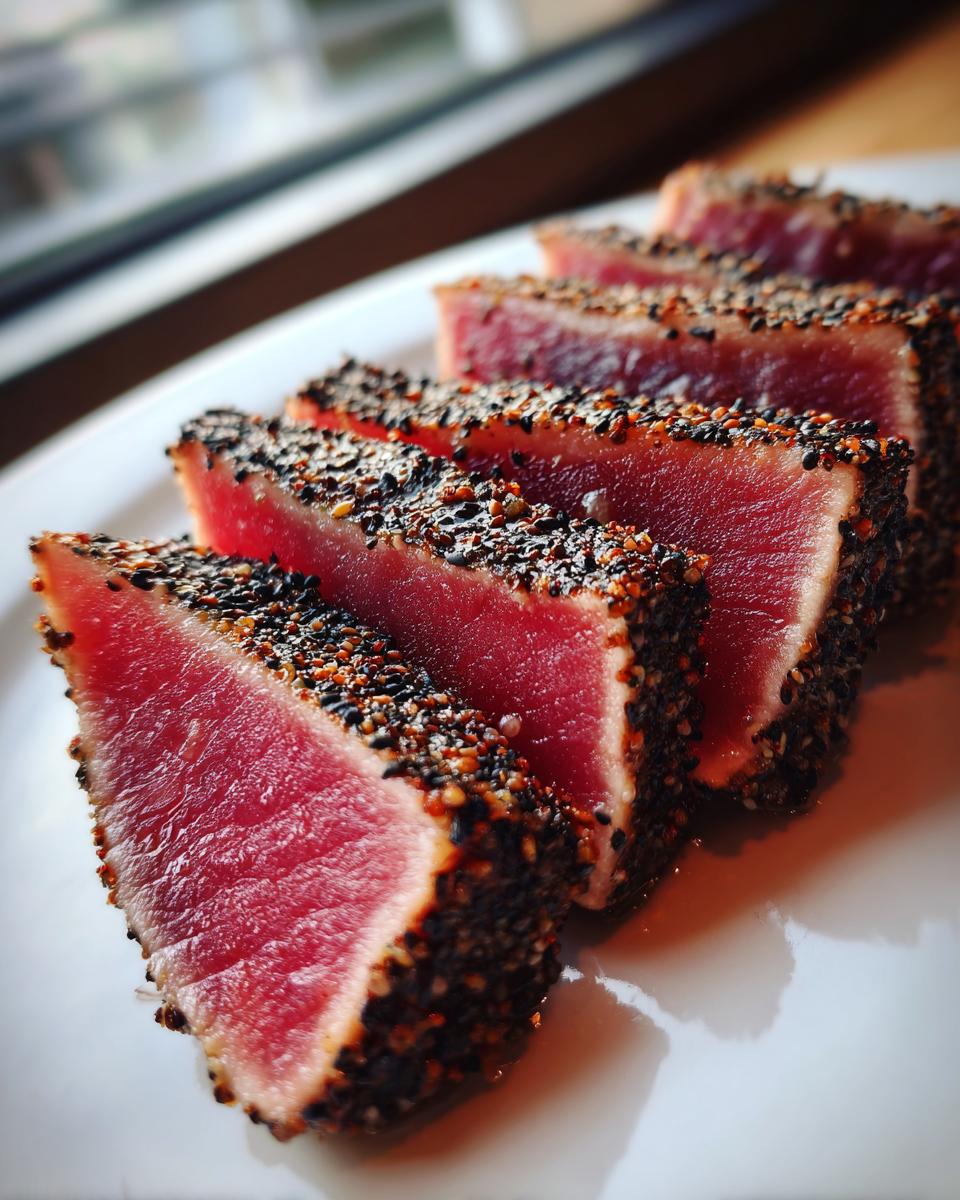 Close-up of perfectly seared ahi tuna, sliced to show the rare red center and dark sesame seed crust.