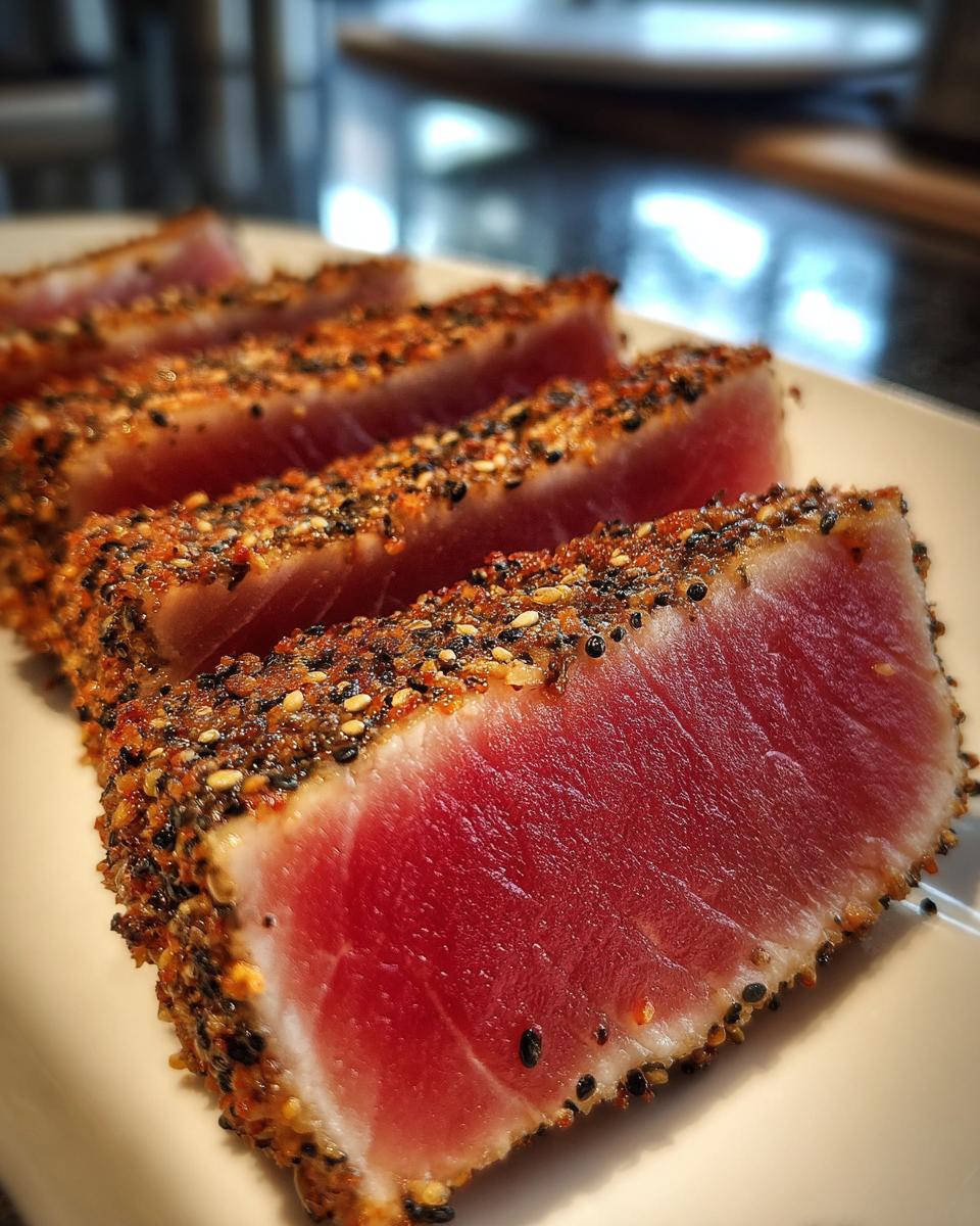 Close-up of perfectly seared ahi tuna, sliced to show the rare red center and sesame seed crust.