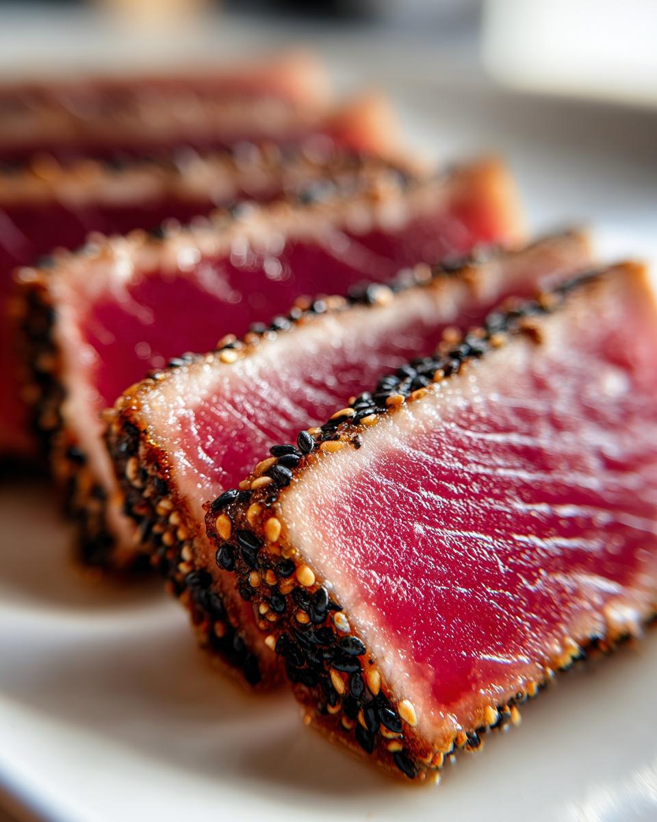 Close-up of four slices of perfectly seared Ahi Tuna, showing a bright red center and a black and white sesame seed crust.