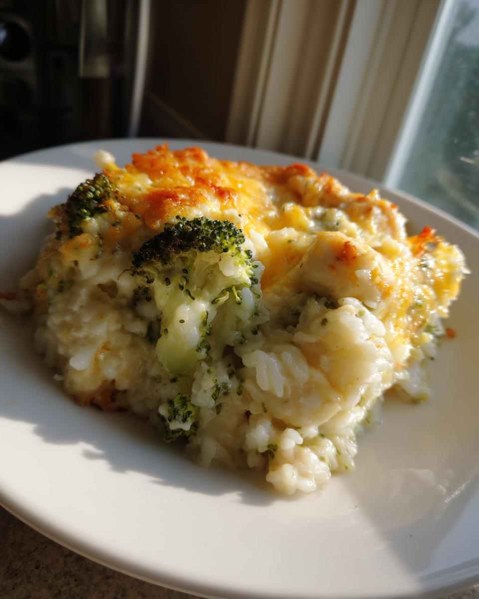 A close-up serving of creamy chicken broccoli rice casserole topped with melted, golden-brown cheese.