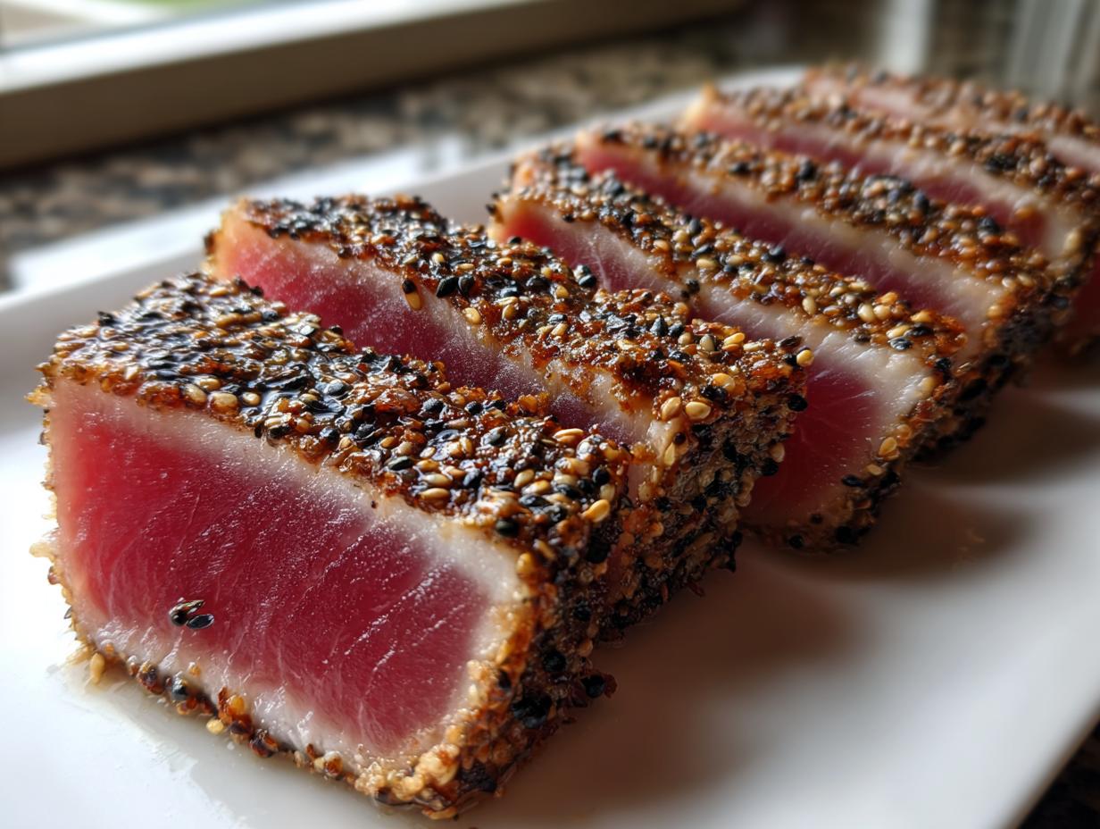 Close-up of perfectly sliced Seared Ahi Tuna with a thick, dark sesame seed crust and bright red center.