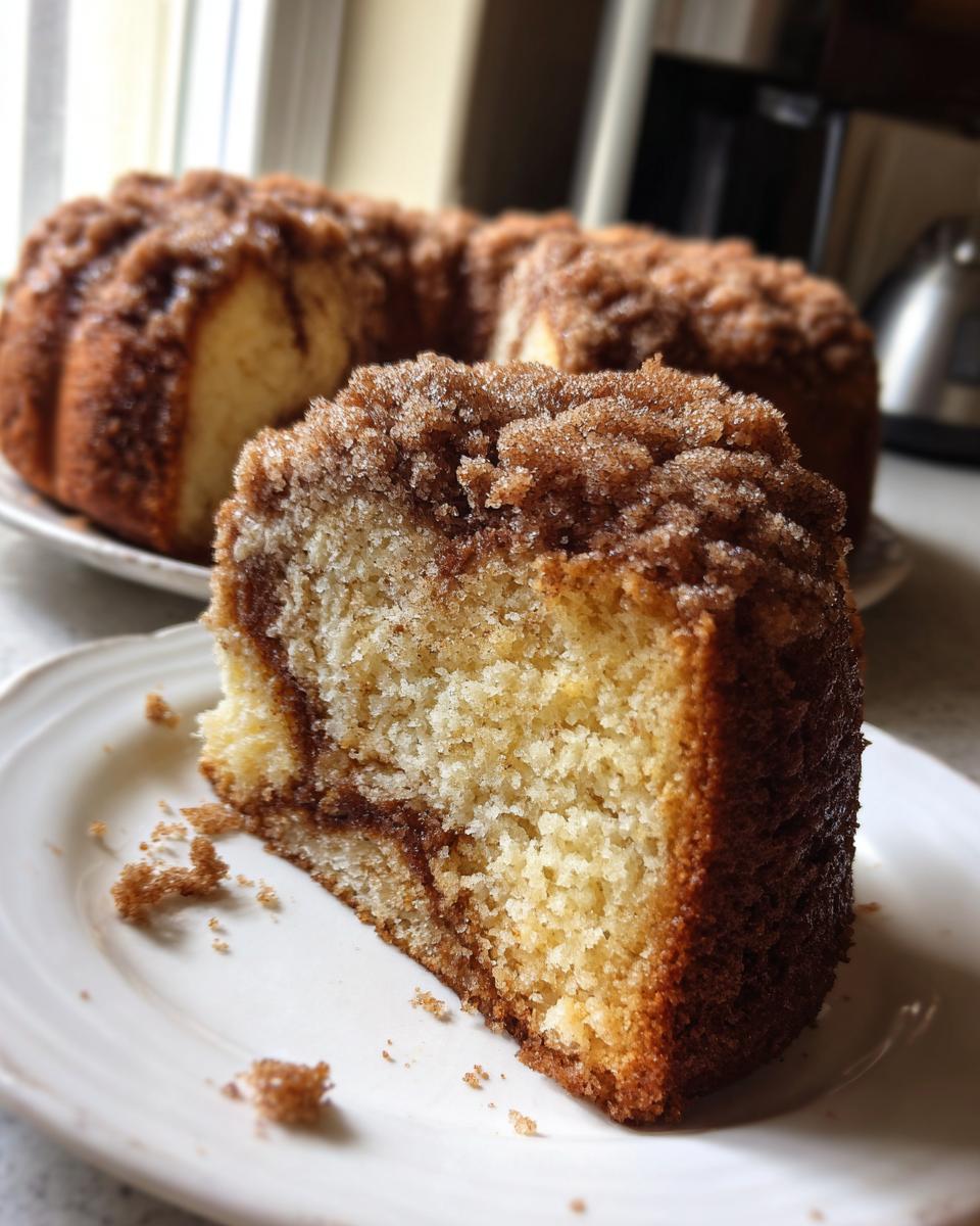 A close-up slice of moist coffee cake featuring a thick cinnamon swirl and generous crumb topping.