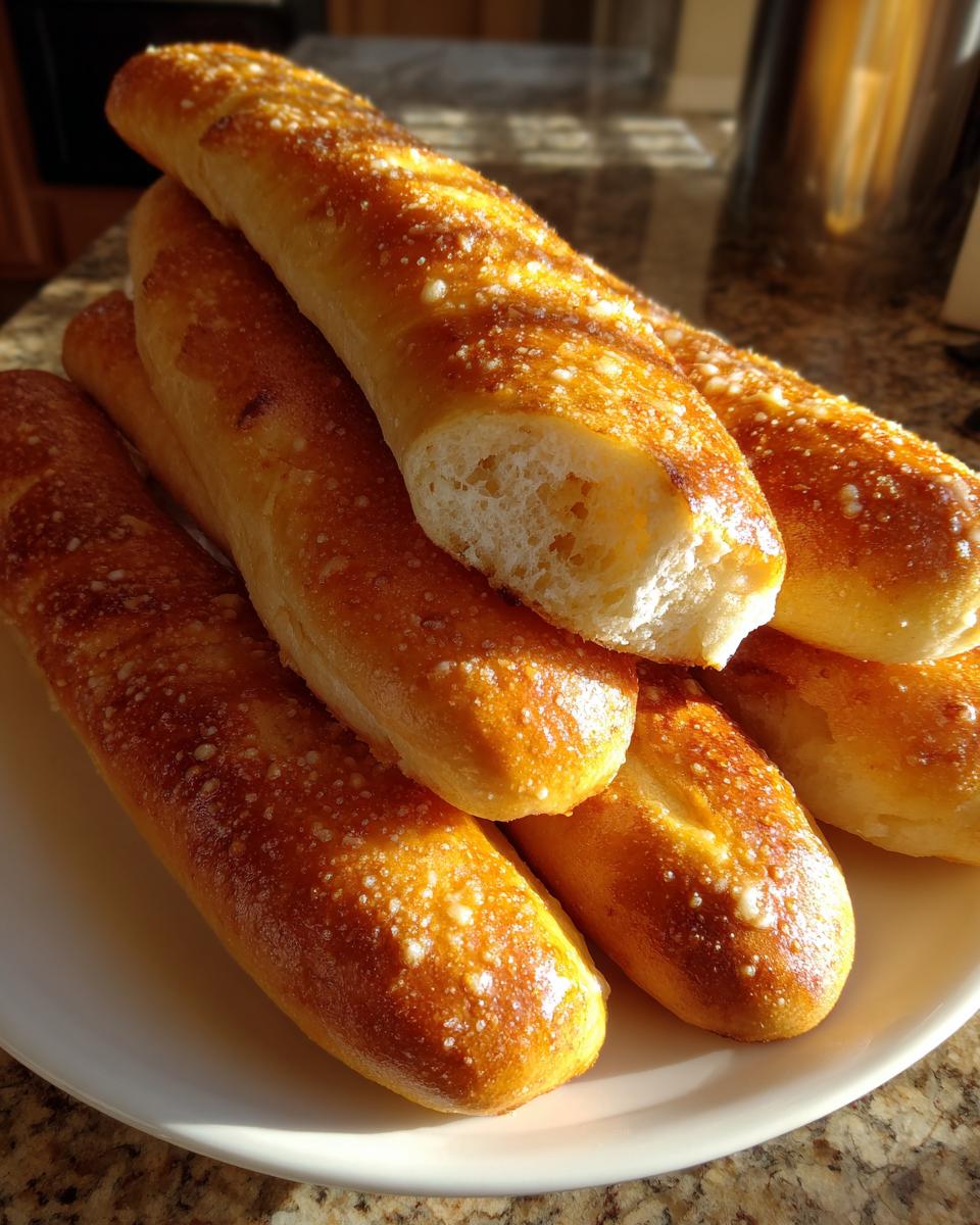 A stack of golden brown, soft breadsticks sprinkled with coarse salt or cheese, resting on a white plate.