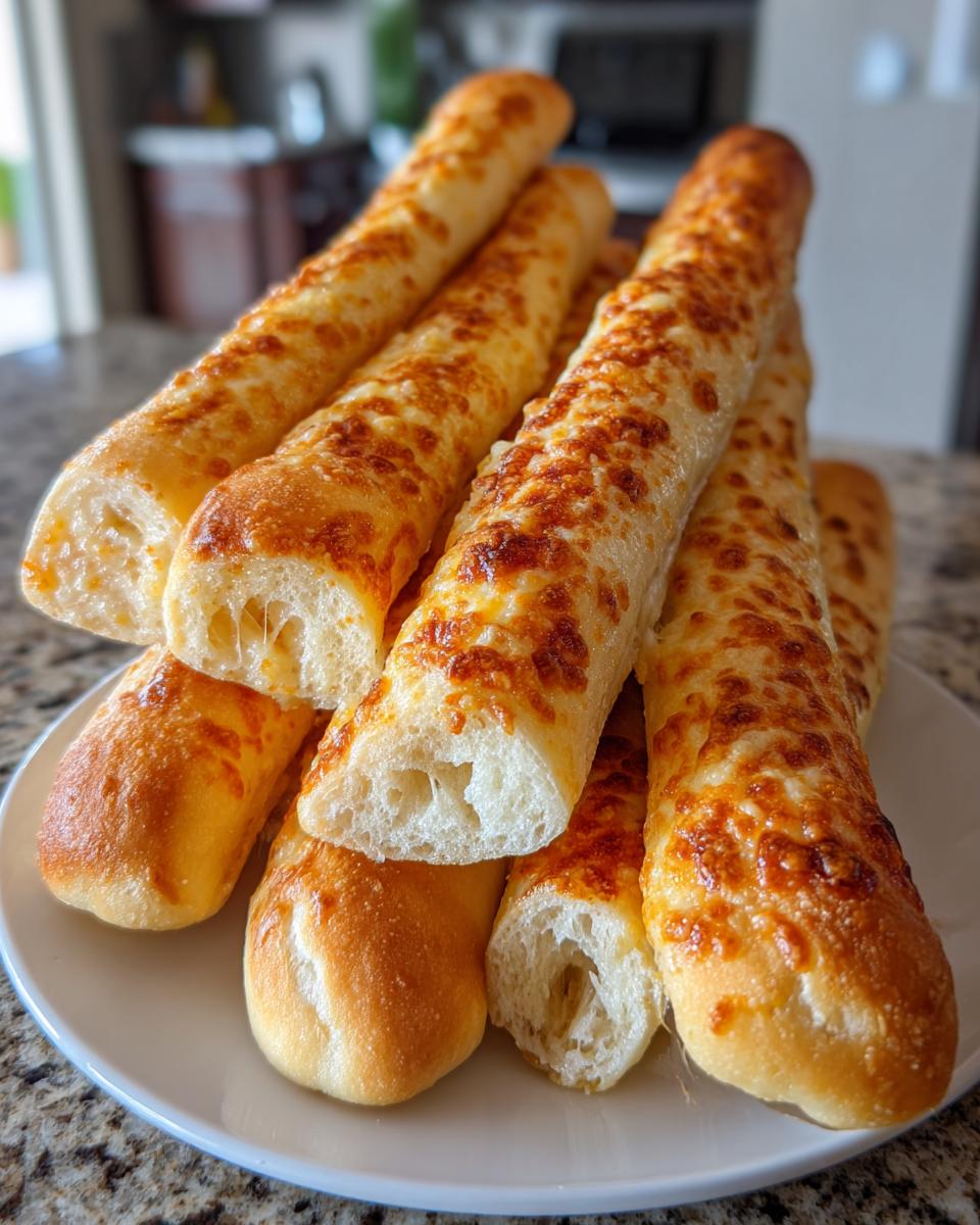 A stack of freshly baked, soft breadsticks topped with melted, golden-brown cheese served on a white plate.