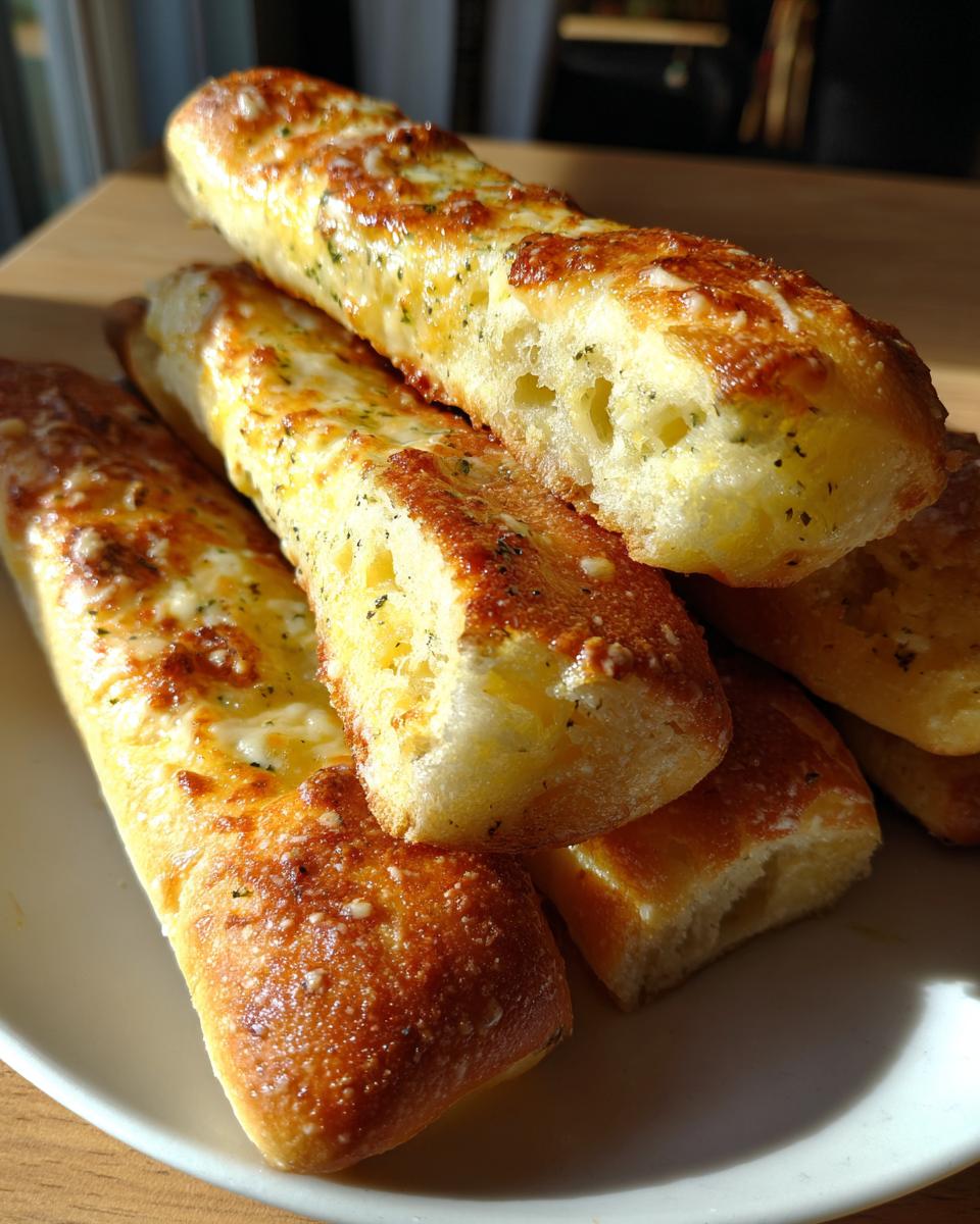 A stack of freshly baked, soft breadsticks topped with melted cheese and herbs, showing a fluffy interior.