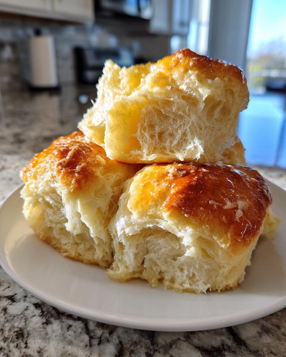 Three fluffy, pull-apart dinner rolls stacked on a white plate, showing their soft interior and glossy butter topping.