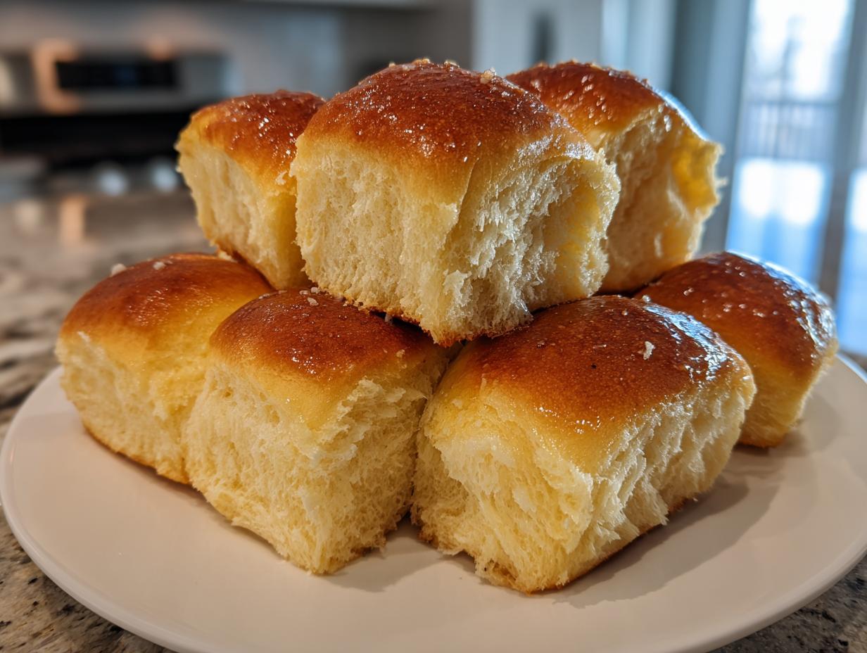 A stack of six fluffy, golden-brown dinner rolls brushed with a shiny glaze, resting on a white plate.
