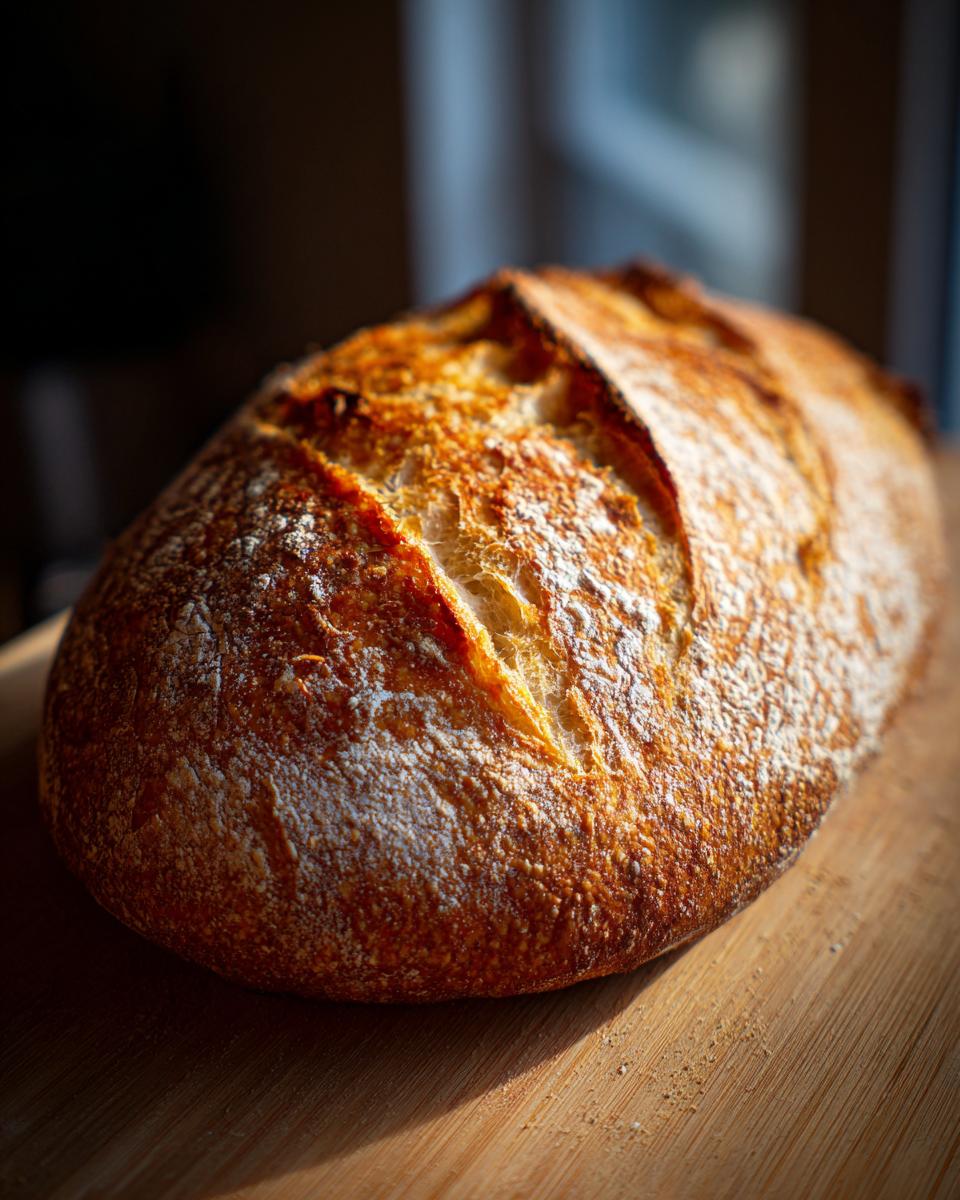 A beautifully baked loaf of French bread with a golden, crackly crust resting on a wooden board.
