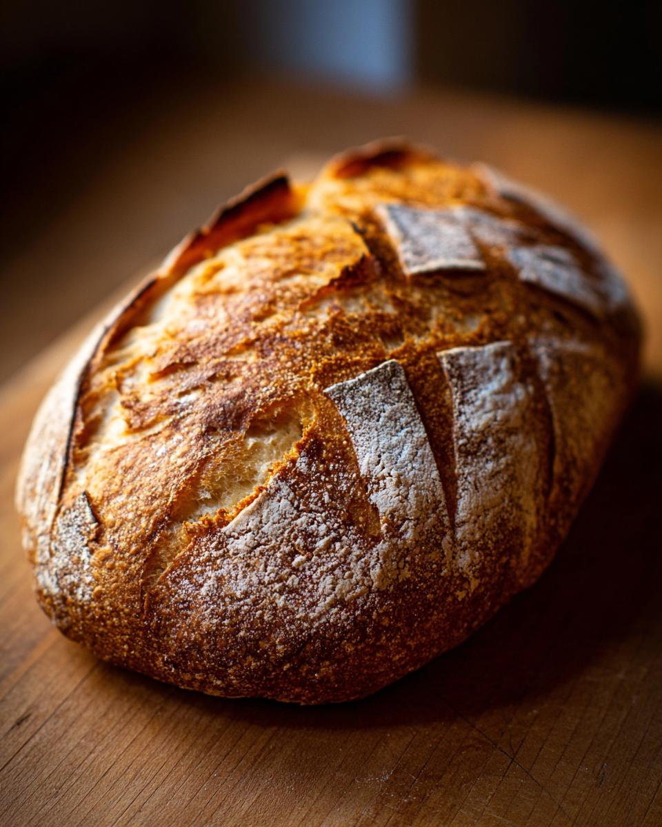 A beautifully baked, rustic loaf of soft French bread with a dark golden, crackled crust dusted with flour.