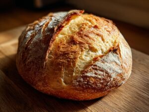 A beautiful, round loaf of freshly baked soft French bread with a golden, cracked crust dusted with flour.