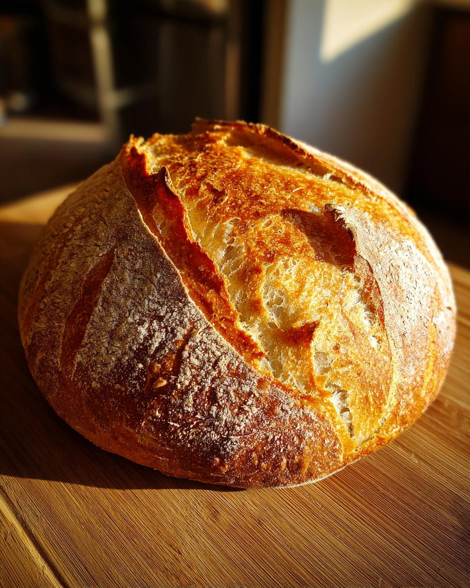 A beautifully baked, round loaf of soft French bread with a golden, crackled crust dusted with flour.