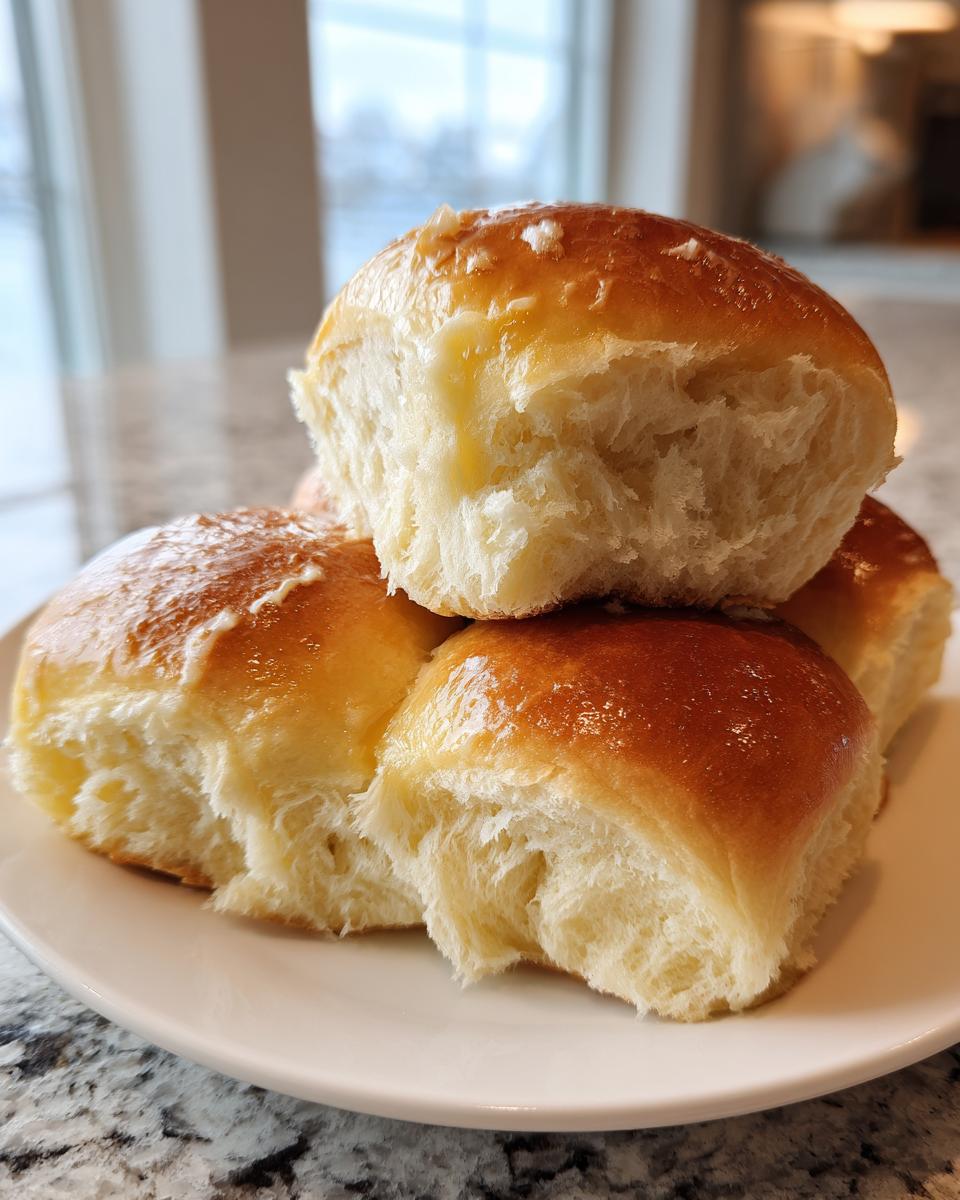 A stack of four incredibly soft, golden-brown dinner rolls brushed with melted butter.