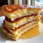 Cross-section view showing the airy interior of three stacked fluffy pancakes drenched in golden syrup.