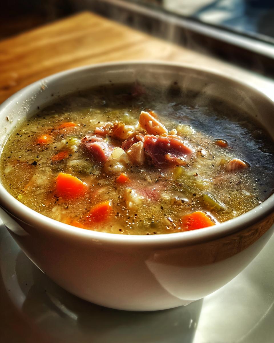 Close-up of a steaming white bowl filled with hearty Ham and Bean Soup, showing chunks of ham and bright orange carrots.