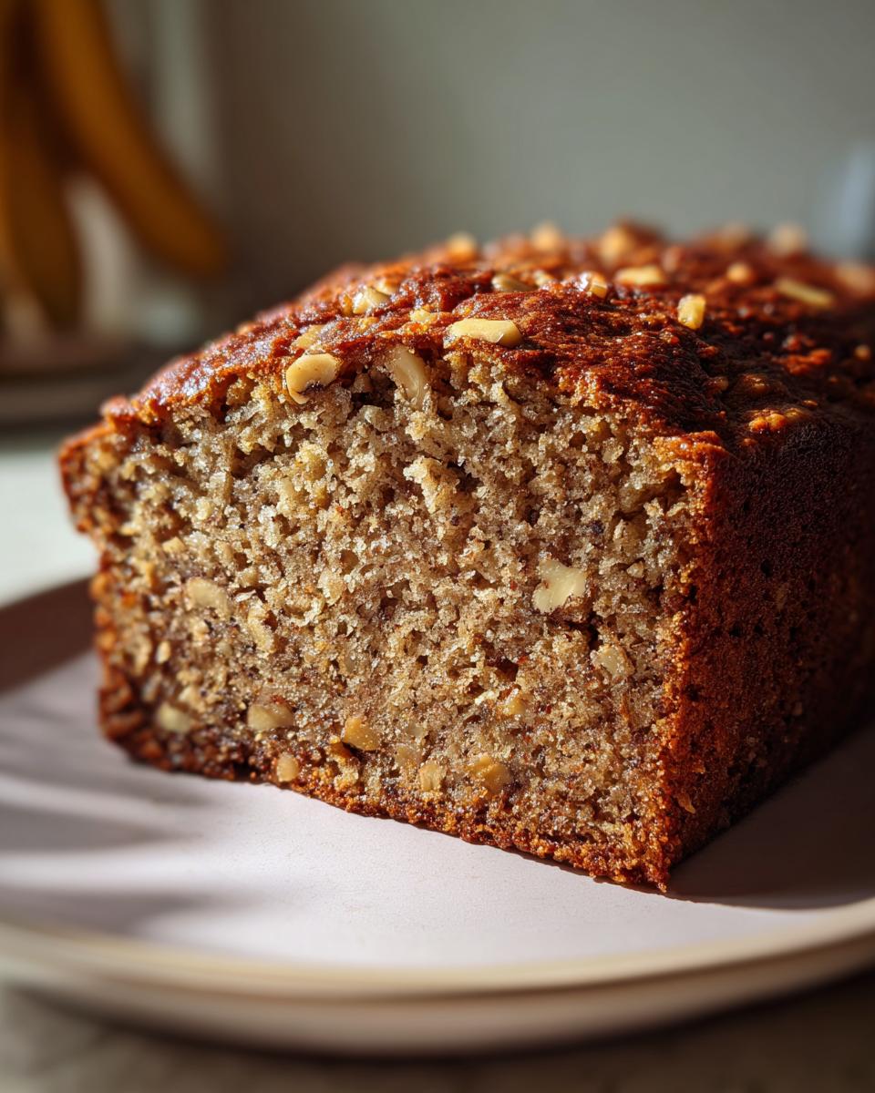 A close-up, cross-section view of a freshly baked sugar free banana bread loaf topped with chopped walnuts.