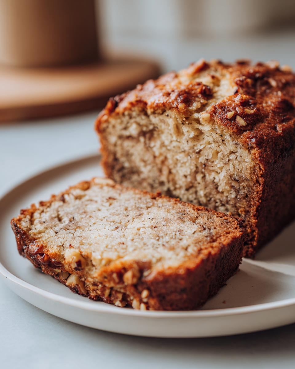 A close-up of sugar free banana bread, showing a thick slice next to the main loaf on a white plate.