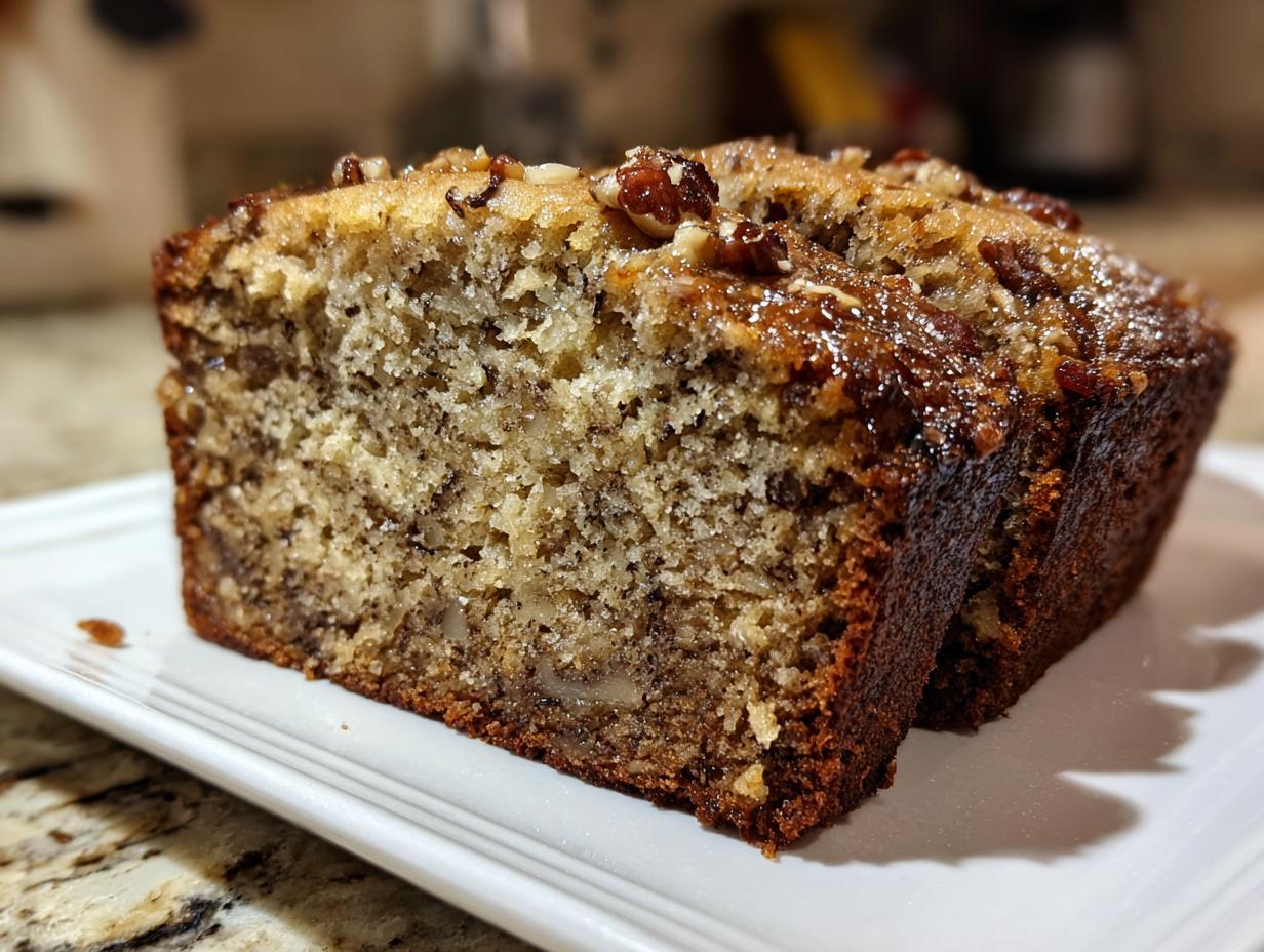 Close-up of a moist slice of sugar free banana bread topped with a shiny glaze and chopped pecans.