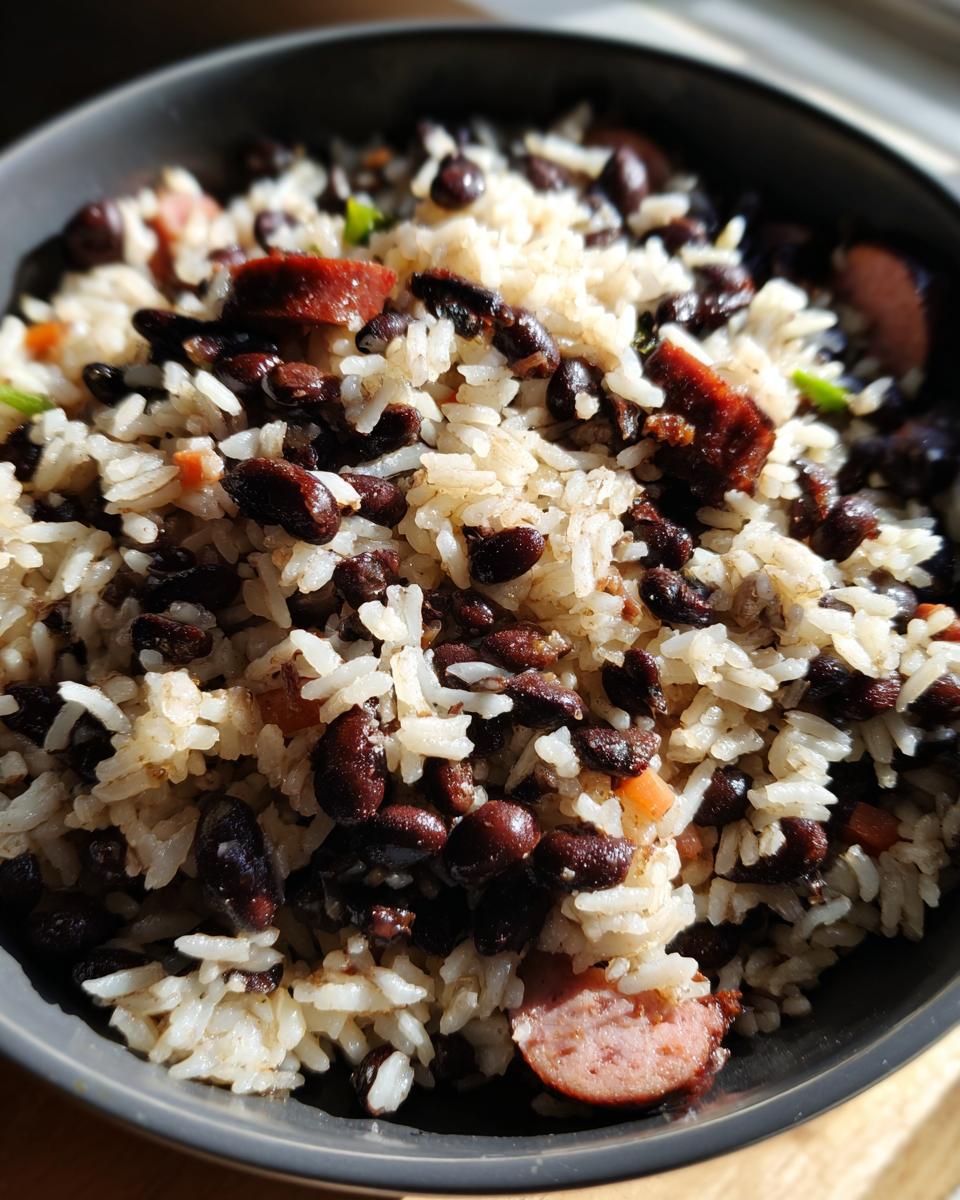 Close-up view of savory black beans and rice mixed with slices of sausage in a dark bowl.