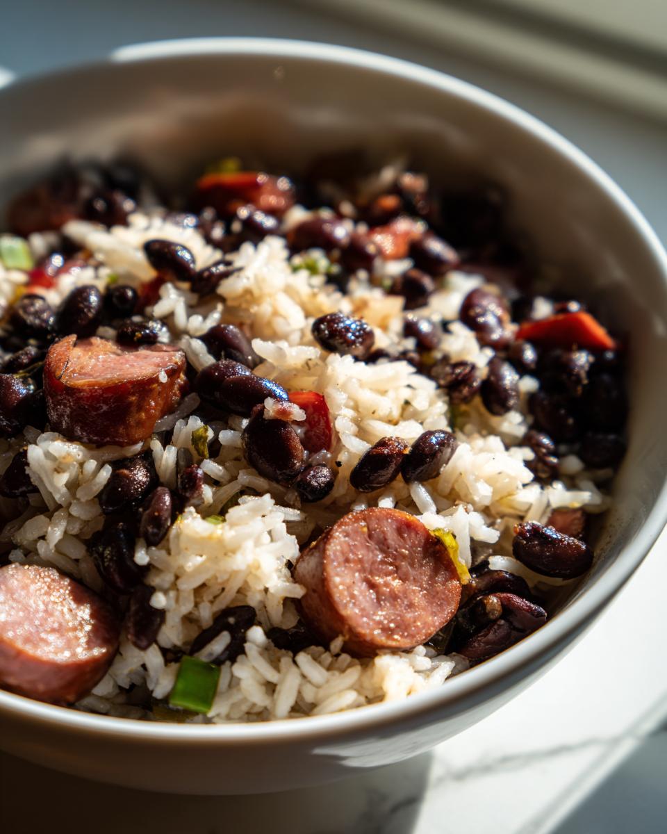 Close-up of a white bowl filled with savory black beans and rice mixed with sliced sausage and peppers.