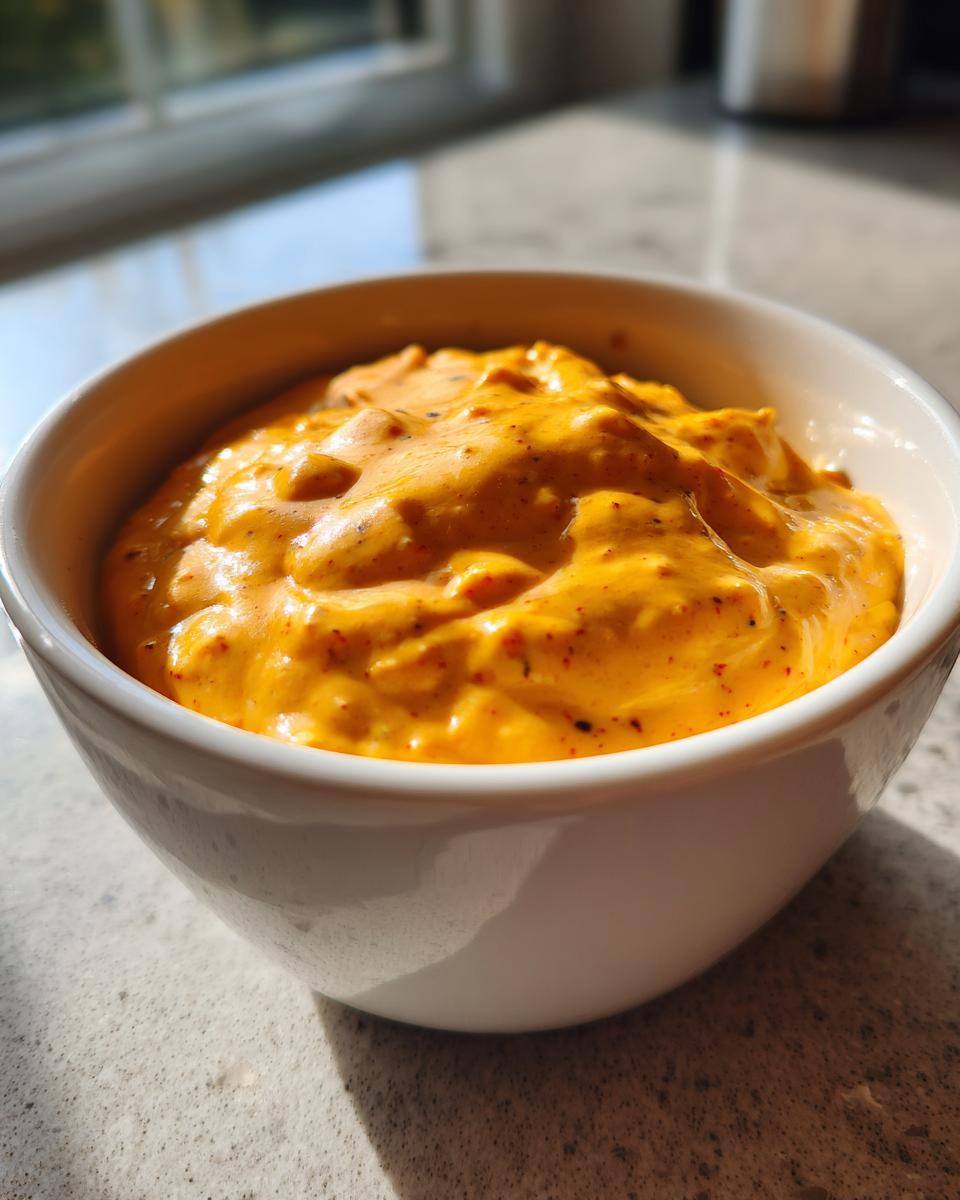 A close-up shot of thick, vibrant orange beer cheese dip served in a white bowl, catching sunlight near a window.