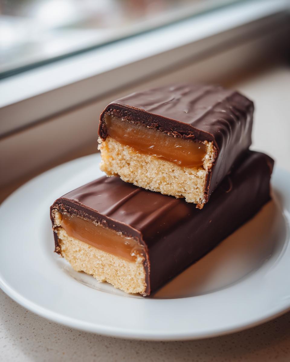Close-up of two homemade, low-calorie Twix bars stacked, showing the shortbread, caramel, and chocolate layers.