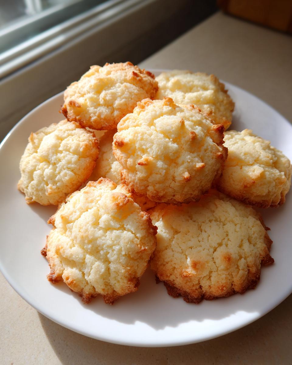 A pile of freshly baked, golden 3-ingredient butter cookies resting on a white plate near a window.