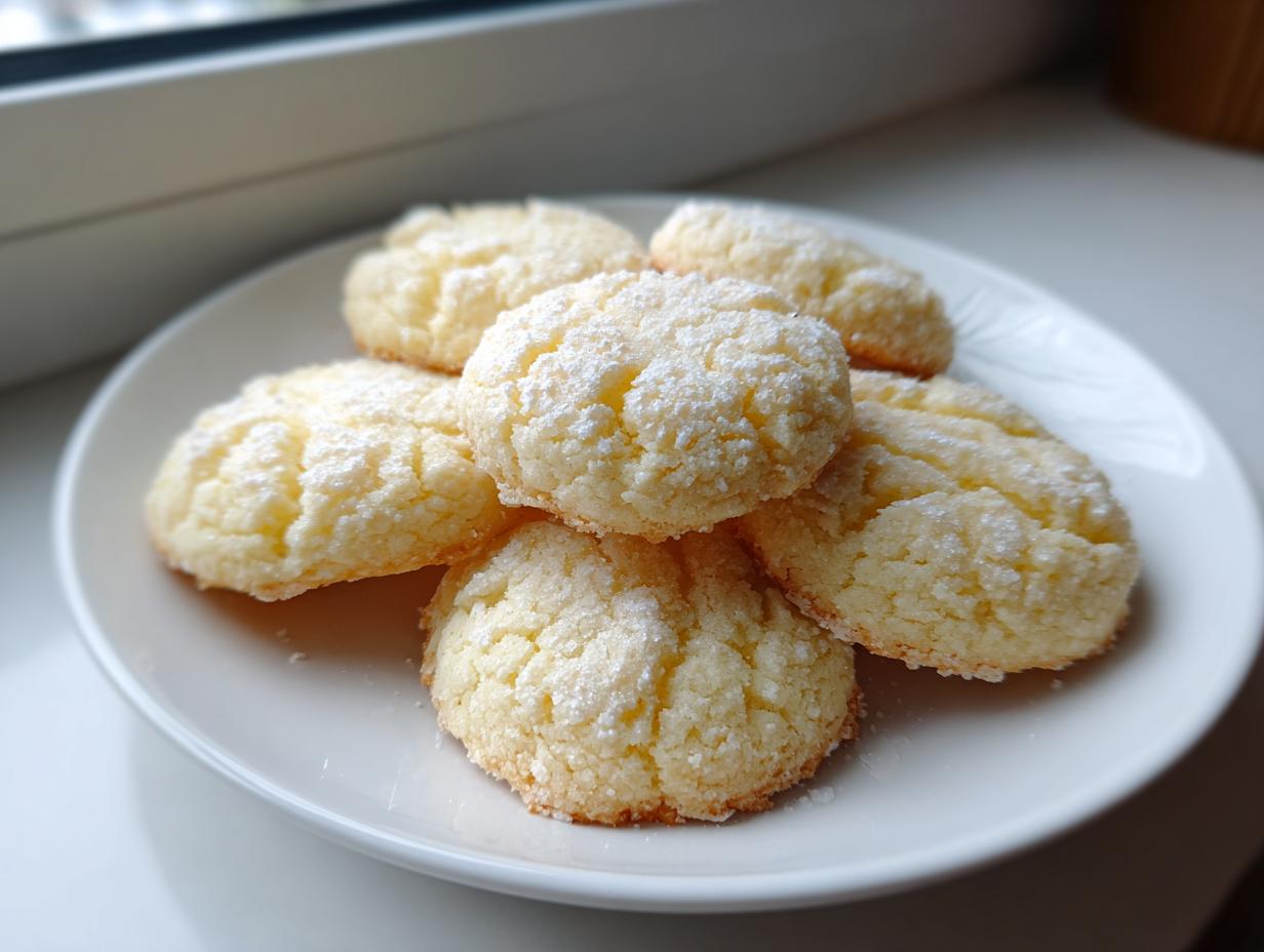 A white plate holding several golden 3-ingredient butter cookies dusted lightly with powdered sugar.