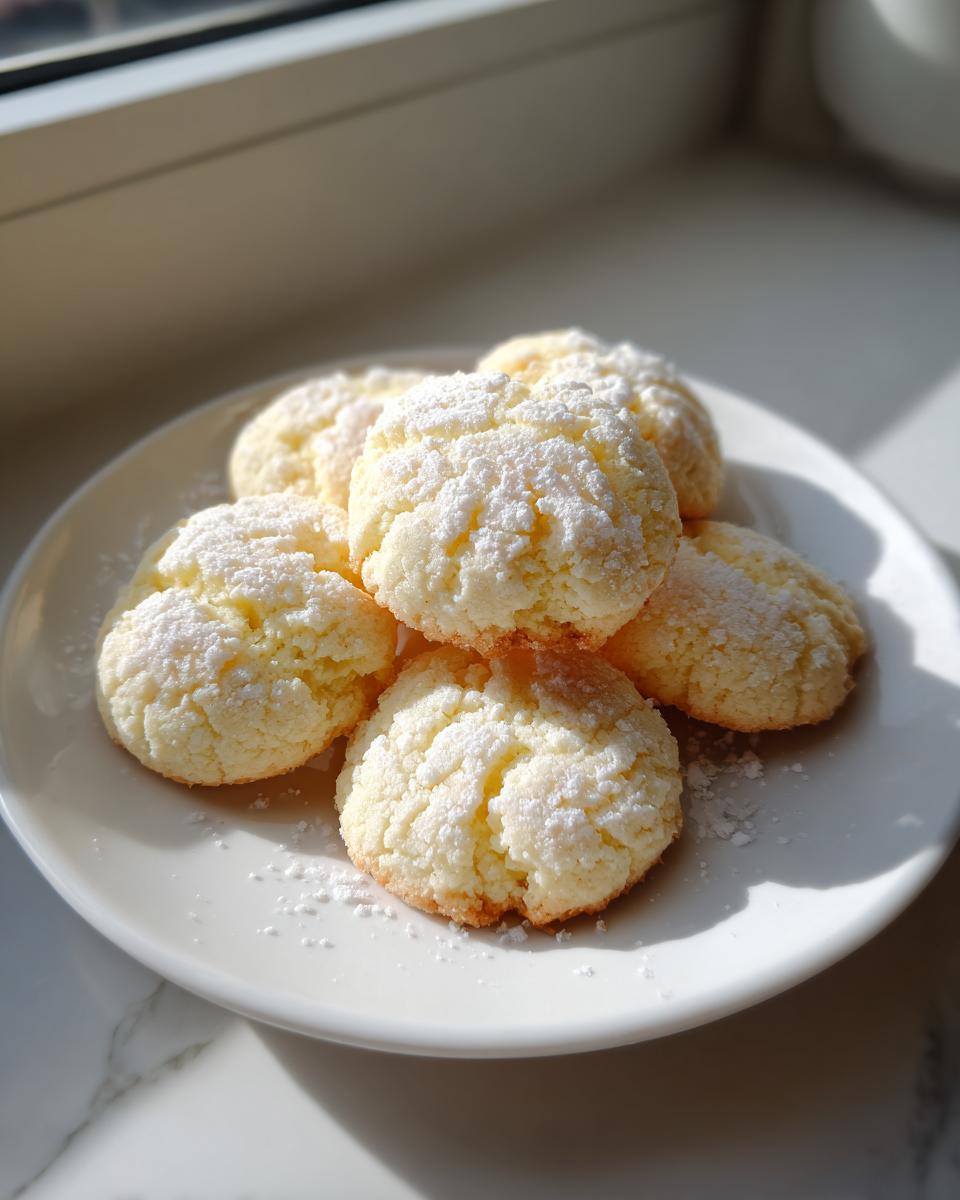 A small stack of soft, crinkled 3-ingredient butter cookies dusted heavily with powdered sugar on a white plate.