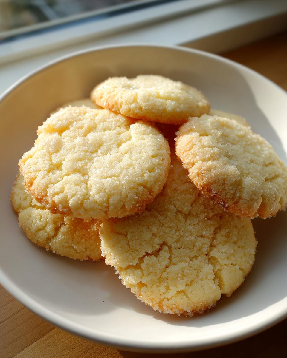 A pile of golden, sugar-coated 3-ingredient butter cookies resting in a shallow white bowl near a window.