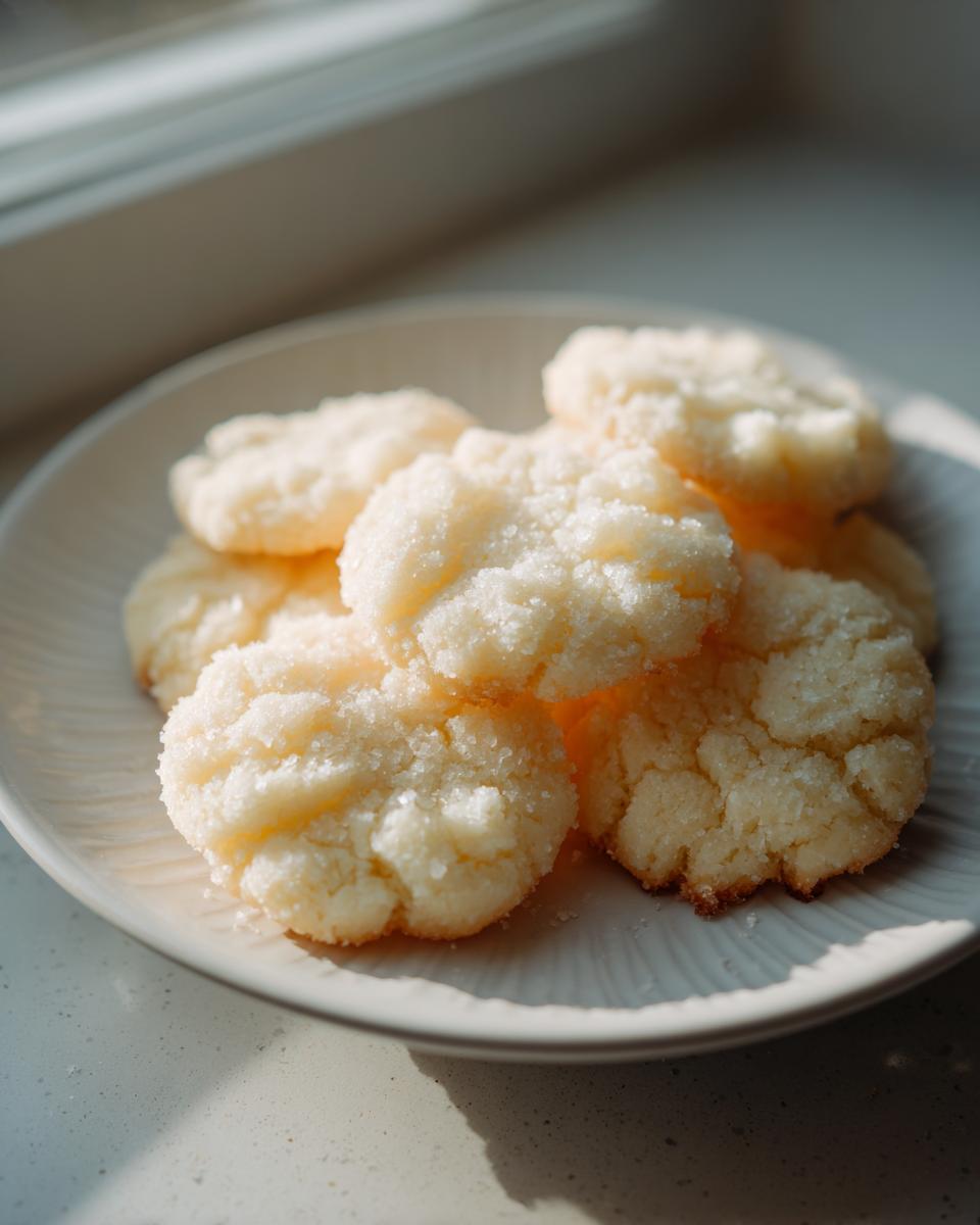 A small stack of pale, crinkly 3-ingredient butter cookies generously coated in sugar, resting on a white plate near a window.
