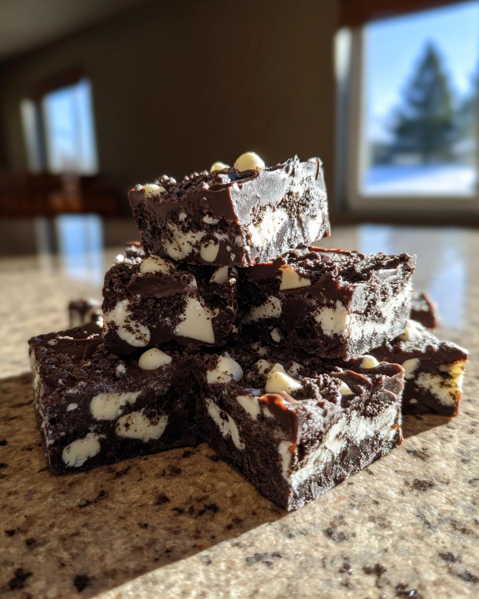 A stack of rich, dark chocolate Oreo fudge squares studded with white cookie pieces and white chocolate chips.