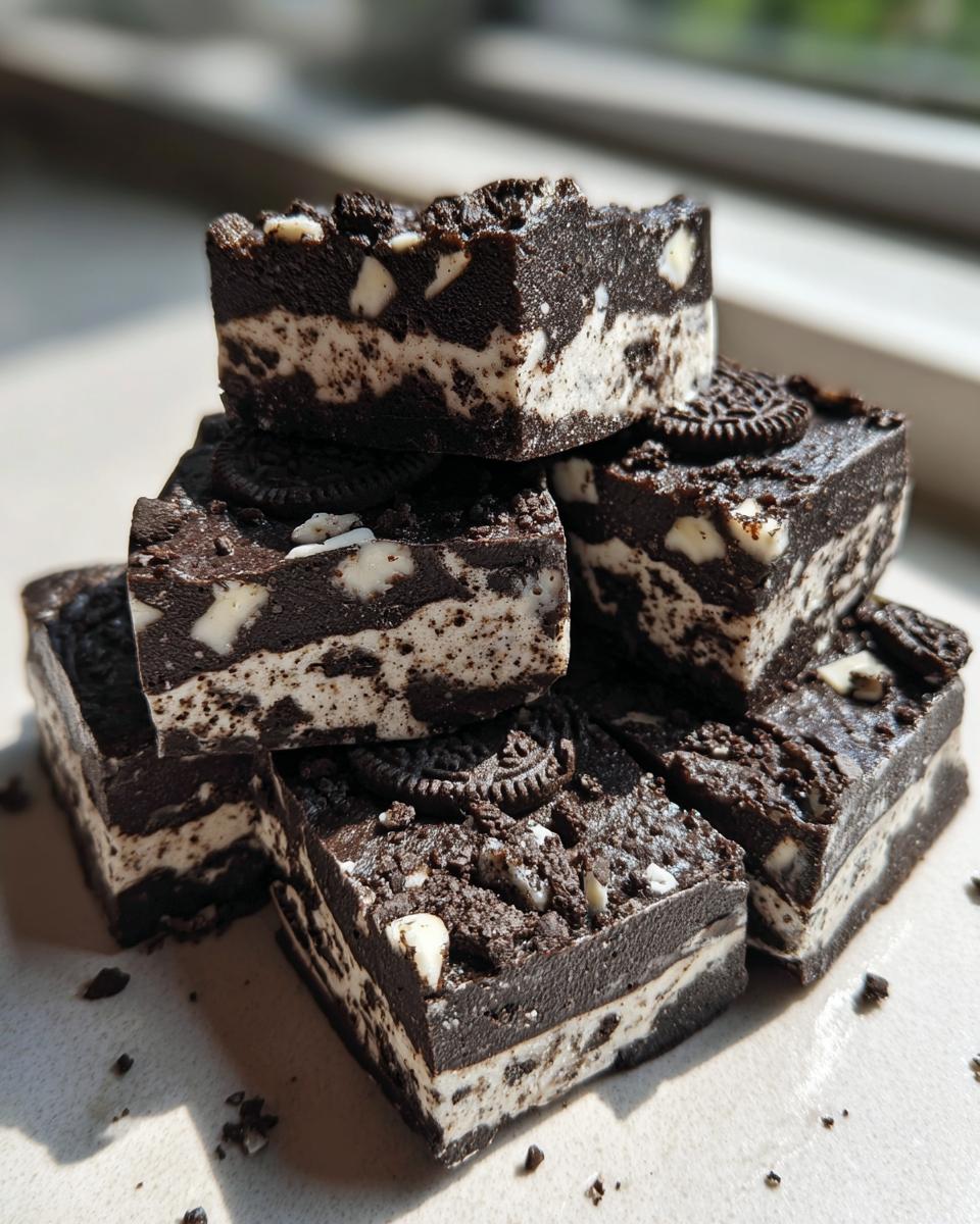 A stack of rich, dark chocolate Oreo fudge squares marbled with white cream filling and cookie pieces.