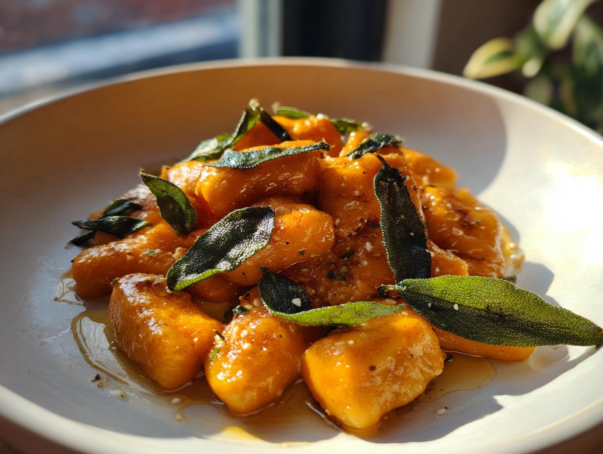 Close-up of bright orange sweet potato gnocchi tossed in butter sauce and topped with crispy sage leaves.