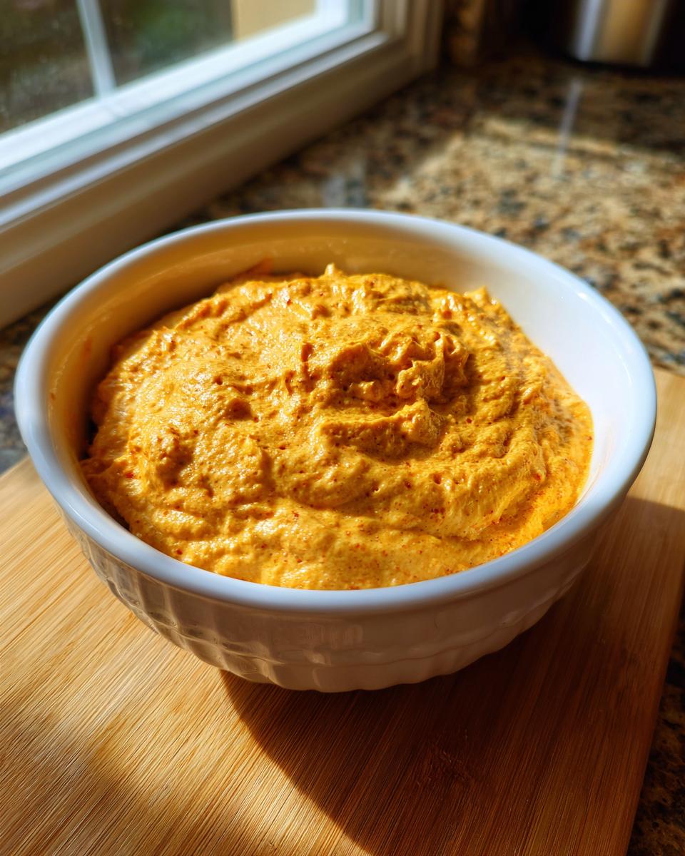 A close-up of thick, vibrant orange beer cheese dip served in a white bowl on a wooden cutting board.