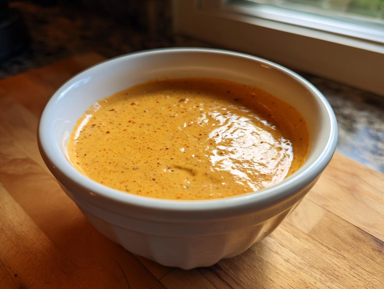 Close-up of smooth, orange beer cheese dip speckled with spices in a white ramekin on a wooden surface.