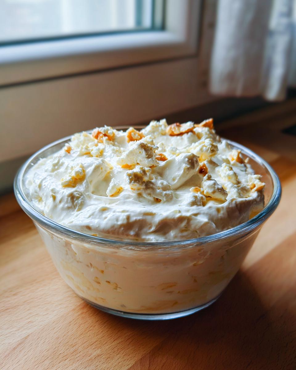 A creamy bowl of homemade blue cheese dip topped with crumbled blue cheese, sitting on a wooden counter.