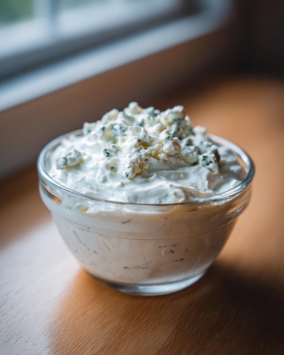 A small glass bowl filled with creamy blue cheese dip, generously topped with large blue cheese crumbles.