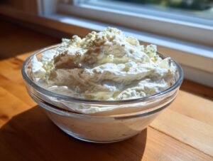A glass bowl filled with creamy blue cheese dip, generously topped with visible blue cheese crumbles.