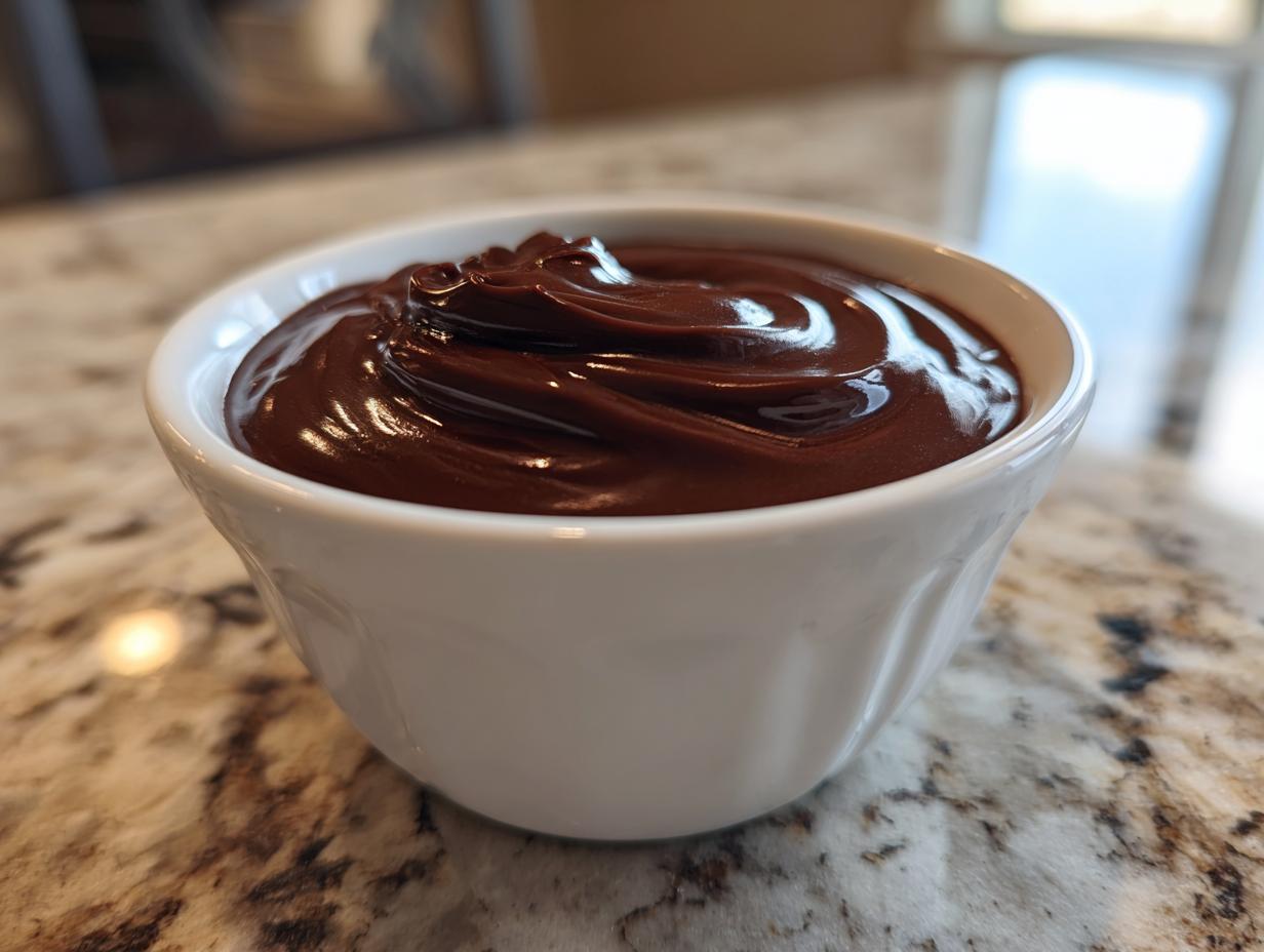 Close-up of a small white bowl filled with glossy, rich chocolate dip, sitting on a granite countertop.