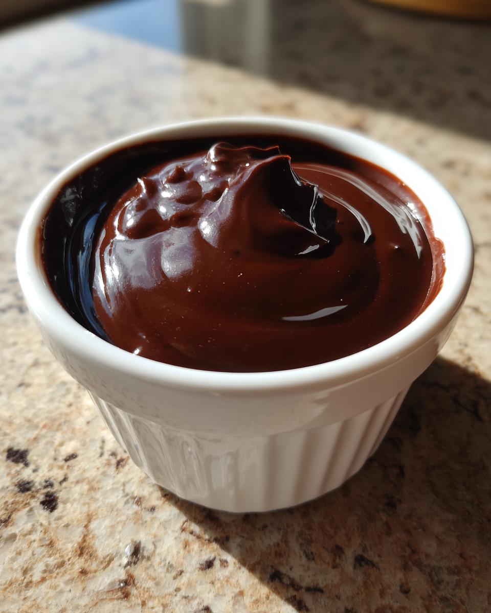 Close-up of a small white ramekin filled with thick, glossy, dark chocolate dip.