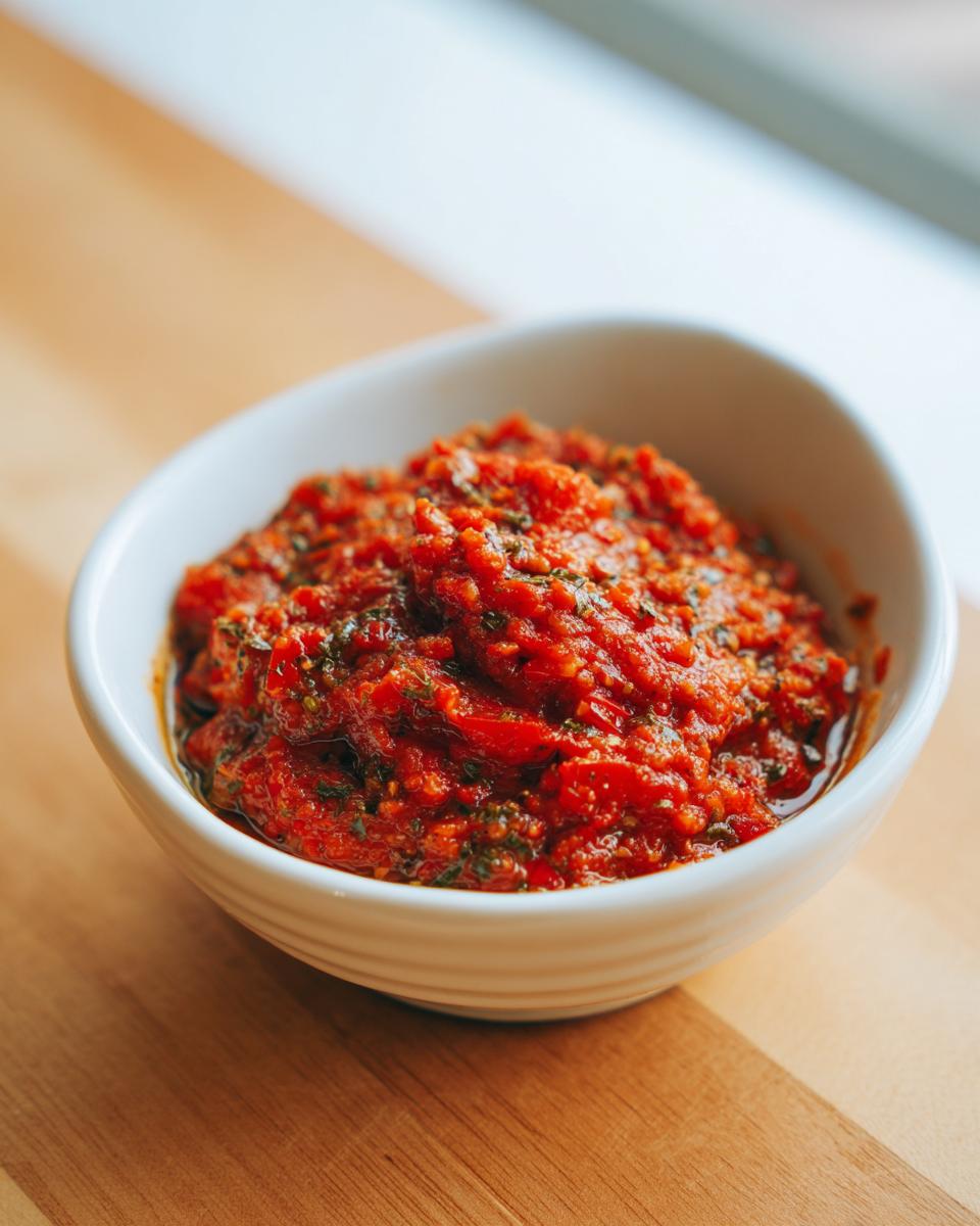 A close-up of rich, chunky homemade pizza sauce seasoned with herbs, served in a small white bowl on a wooden surface.