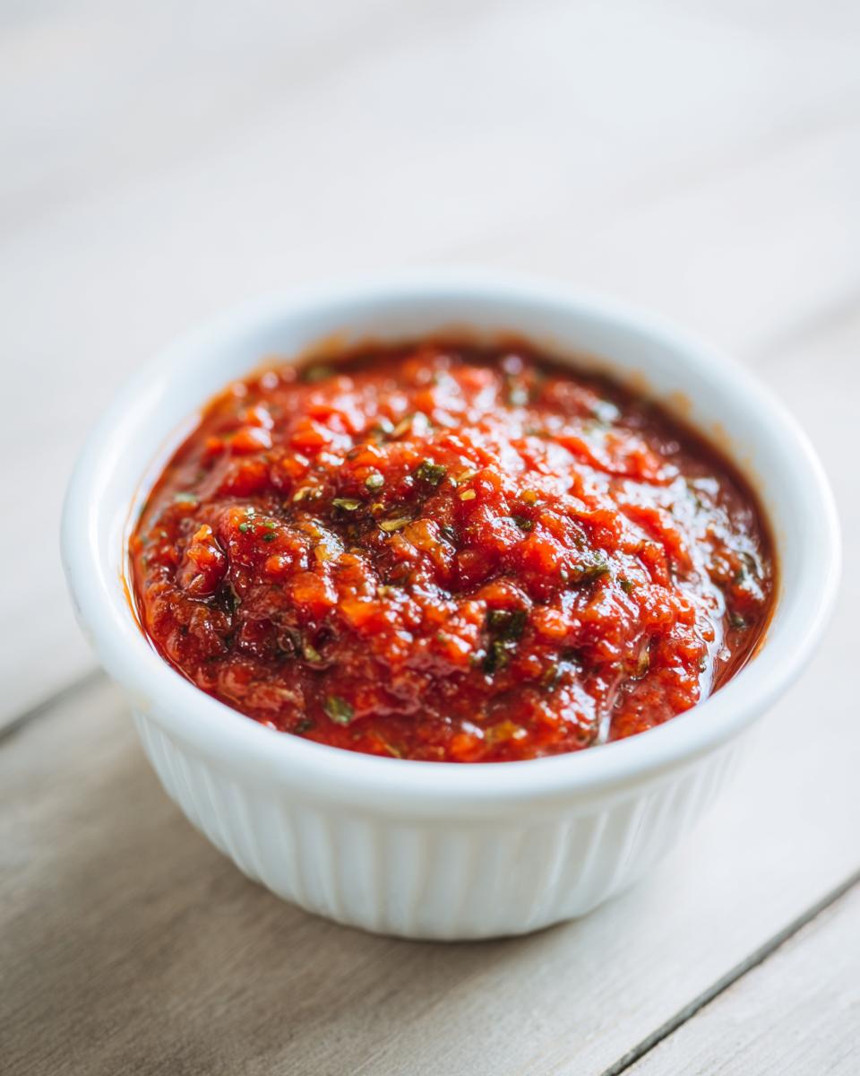 A close-up shot of rich, vibrant red pizza sauce seasoned with herbs, served in a small white ramekin.