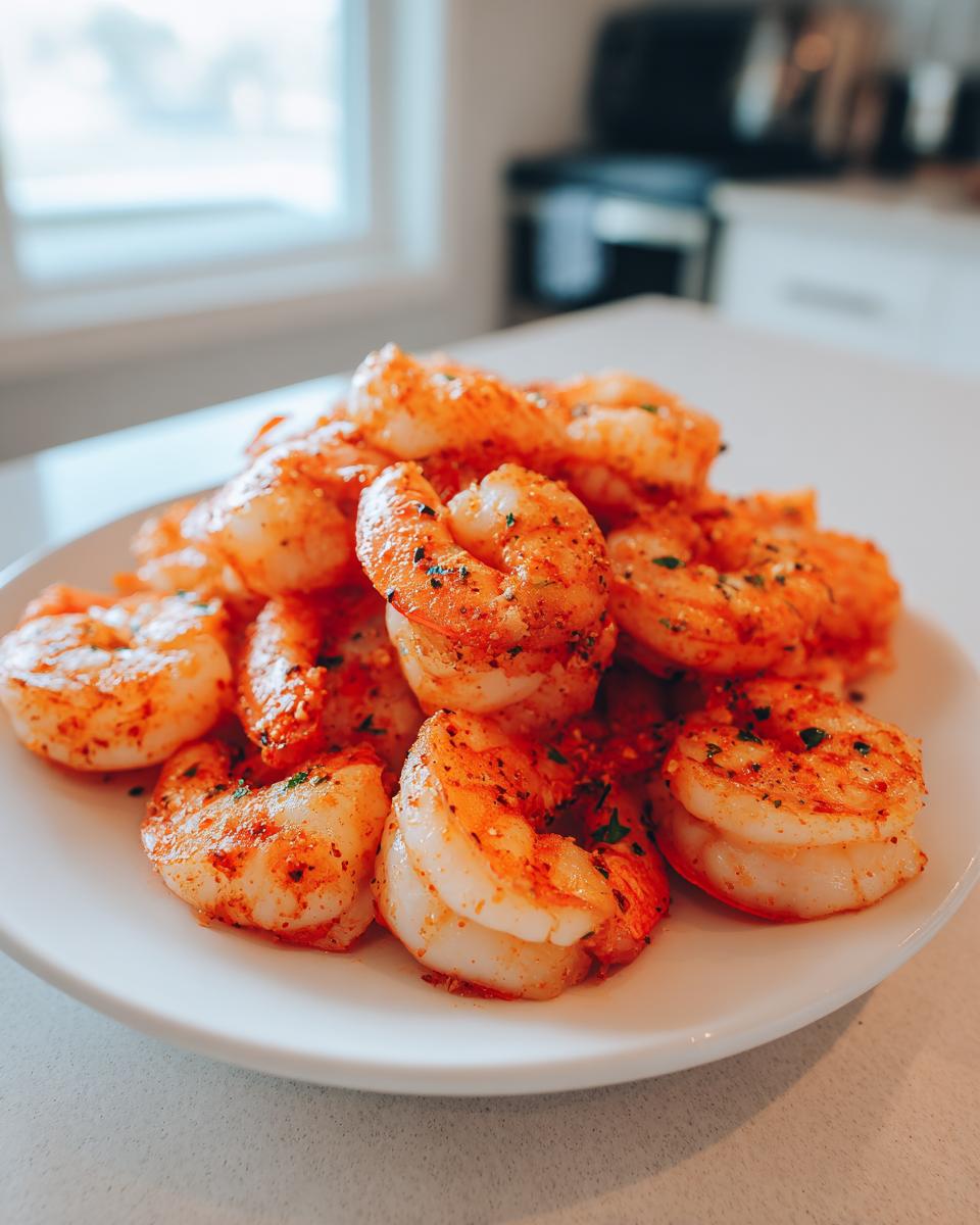 A white plate piled high with perfectly cooked, seasoned air fryer frozen shrimp, ready to eat.