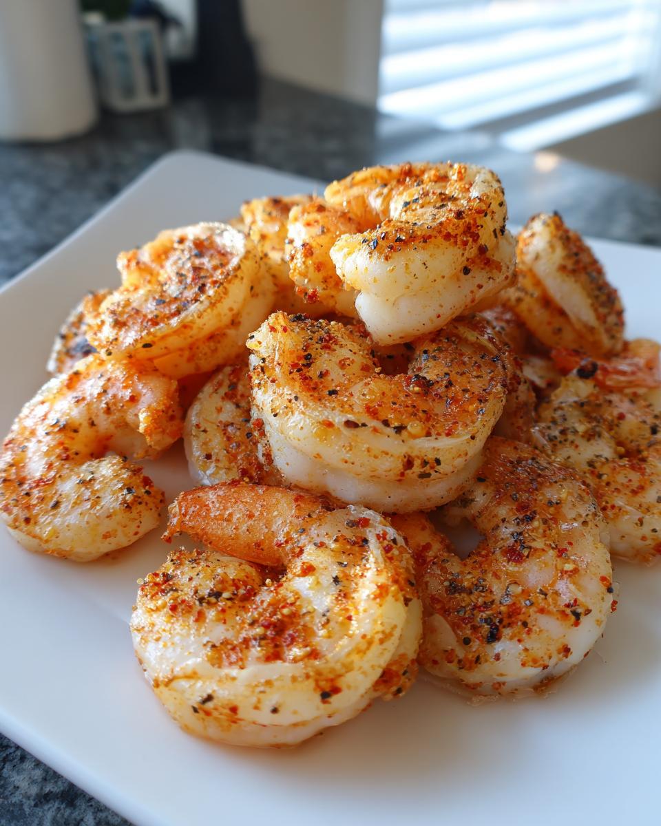 A close-up of plump, cooked air fryer frozen shrimp seasoned heavily with paprika and black pepper, served on a white plate.