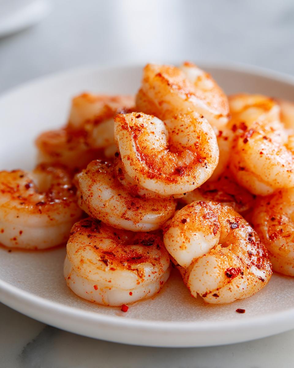 Close-up of seasoned, cooked air fryer frozen shrimp piled on a white plate, showing vibrant red spices.