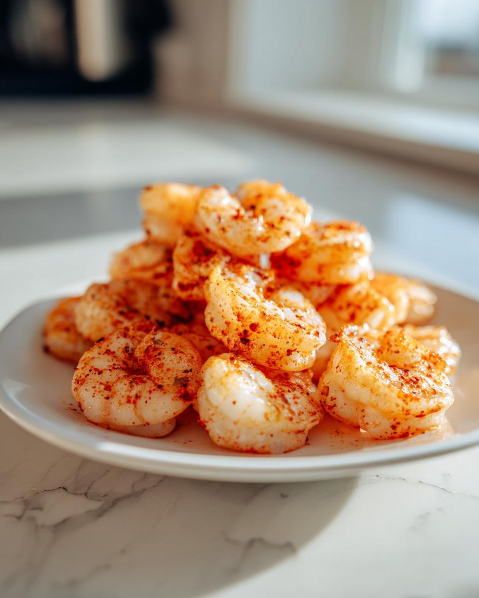 A close-up of cooked, seasoned air fryer frozen shrimp piled on a white plate.