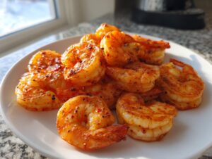 A pile of seasoned, cooked air fryer frozen shrimp on a white plate, glowing in natural light.